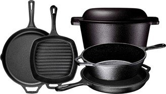 6 Piece Pre-Seasoned Cast Iron Pots And Pans set with Dutch Oven, Pizza Pan, Skillets & Grill Pan - Black