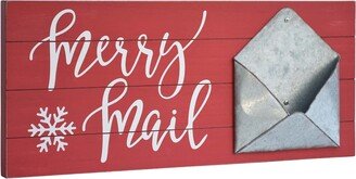 Wood and Metal Christmas Card Holder，Merry Mail,Red