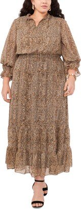 Plus Size Smocked Tiered Split-Neck Dress