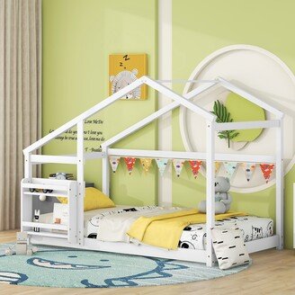 GREATPLANINC Minimalist Twin Size House Bed Kids Bed Wood Platform Bed Frame, White