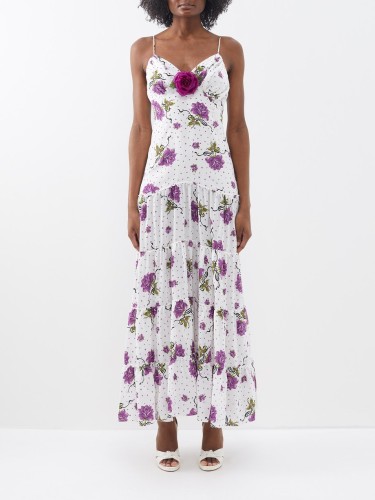 Floral-appliqué printed silk slip dress