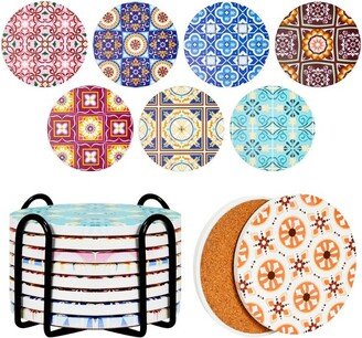 Okuna Outpost Set of 8 Ceramic Coasters with Holder and Cork Base, Mediterranean Tile Designs, 4 Inches