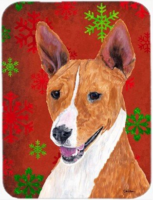 SC9427LCB Basenji Red And Green Snowflakes Holiday Christmas Glass Cutting Board