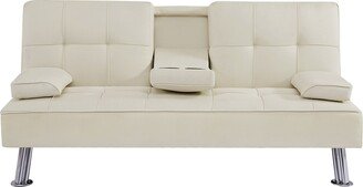 TOSWIN Beige Fabric Loveseat Sofa Bed with Cup Holders