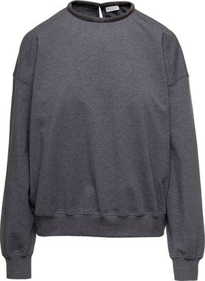 Grey Crewneck Sweatshirt With Monile Detail In Stretch Cotton Woman