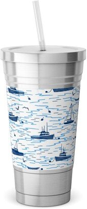 Travel Mugs: Harbor Boats - White Stainless Tumbler With Straw, 18Oz, Blue