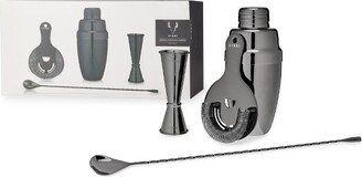 Gunmetal Black Bartender Kit 4pc Set | Drink Mixers for Cocktails Gift Essentials: Cobbler Shaker, Hawthorne Strainer, Barspoon, Gray