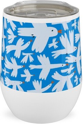 Travel Mugs: Birds - White On Blue Stainless Steel Travel Tumbler, 12Oz, Blue