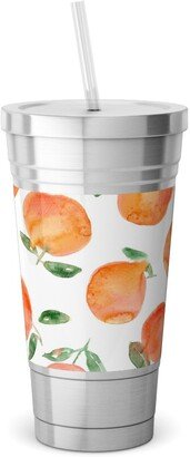 Travel Mugs: Watercolor Oranges - Orange Stainless Tumbler With Straw, 18Oz, Orange