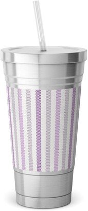 Travel Mugs: Tricolor French Ticking Stripe - Purple Stainless Tumbler With Straw, 18Oz, Purple