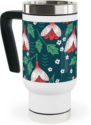 Travel Mugs: Christmas Flowers Travel Mug With Handle, 17Oz, Green