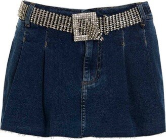 Raw-Cut Hem Pleated Denim Shorts