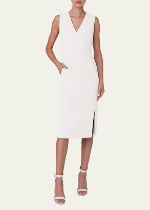 V-Neck Sleeveless Side-Slit Wool Crepe Midi Dress