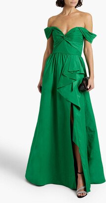 Off-the-shoulder draped taffeta gown