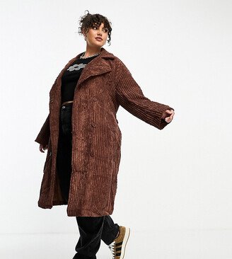 Daisy Street Plus midi corduroy coat with tie wrap waist in chocolate