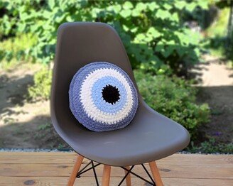 Denim Color Evil Eye Pillow, Crochet Decorative Accent Round Stuffed Throw Plush Lucky Charm Gift