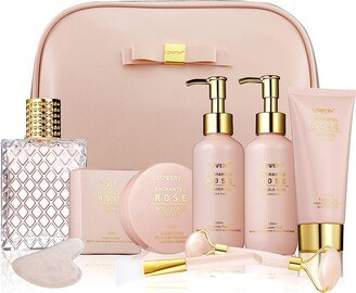 Lovery Luxury Enchanted Rose Bath & Body Beauty Kit With Leather Bag, Jade Roller & More