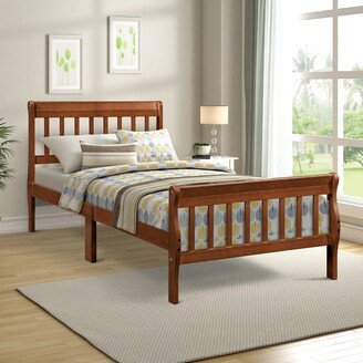 IGEMAN Twin Size Wood Platform Bed Frame Panel Sleigh Bed with Vertical Slats Hollow Headboard Footboard and Wood Slat Support