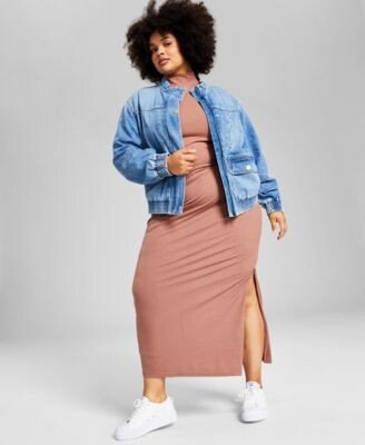 And Now This Now This Trendy Plus Size Denim Jacket Ribbed Maxi Dress