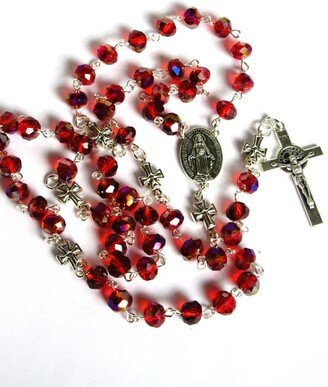 Dark Red Catholic Rosary, Blue Tints, Miraculous Medal, Italian Made Crucifix, 98