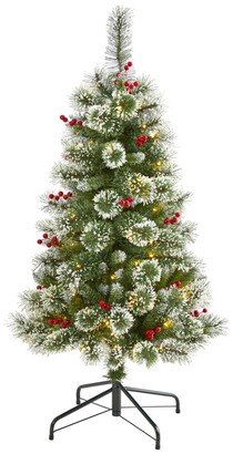 Frosted Swiss Pine Artificial Christmas Tree with 100 Clear Led Lights and Berries