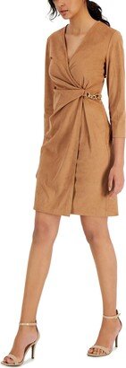 Womens Faux Suede Knee Length Wrap Dress