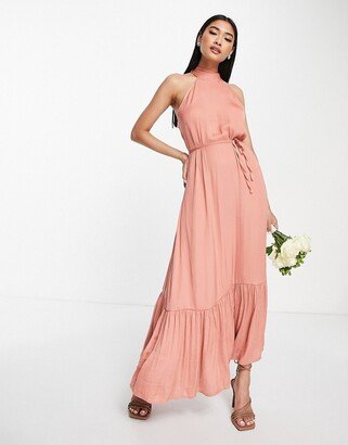 Bridesmaid satin halter neck dress with tie waist in coral pink