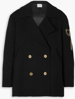 Double-breasted embroidered wool-twill coat