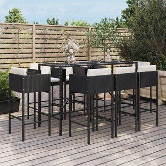 9 Piece Patio Bar Set with Cushions Black Poly Rattan - 19.7