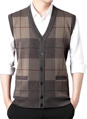 Dninmim Men's V Neck Sleeveless Knitted Sweater Plaid Casual Loose Fitting Button Cardigan Khaki L