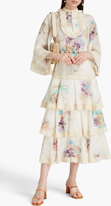 Tiered lace-trimmed floral-print ramie midi dress