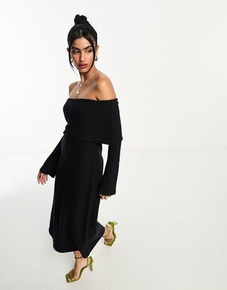 super soft bardot midi dress with flare sleeve in black