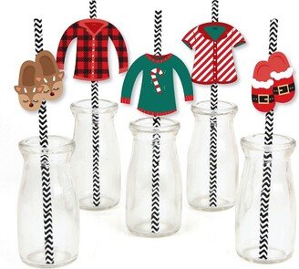 Big Dot of Happiness Christmas Pajamas - Paper Straw Decor - Holiday Plaid PJ Party Striped Decorative Straws - Set of 24