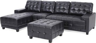 Harlar Contemporary Faux Leather Tufted 4 Seater Sectional Sofa and Chaise Lounge Set with Ottoman Midnight Black/Dark Brown