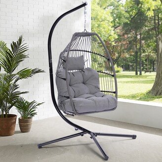 Siavonce Patio Wicker Folding Hanging Rattan Swing Hammock Egg Chair With Cushion Pillow - 42*39*75.6