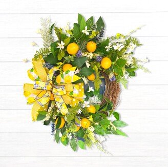 Summer Lemon & Blueberry Grapevine Wreath, Kitchen Décor, Farmhouse Fresh Citrus, Yellow Blue Fruit Door Hanger