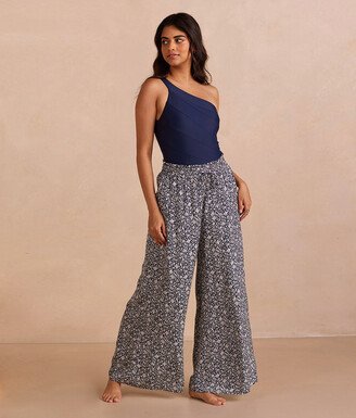 The Silky Luxe Palazzo Pants with Ties - Beach Botanical in Deep Sea