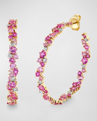 14k Yellow Gold Pink Sapphire and Diamond Hoop Earrings