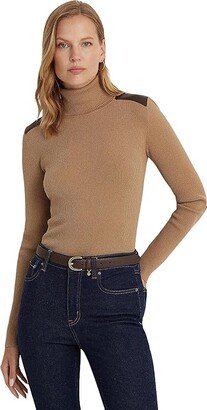 Faux Leather-Trim Ribbed Turtleneck (Classic Camel) Women's Sweater