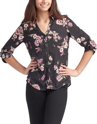 Juniors' Floral-Print Roll-Tab 3/4-Sleeve Top