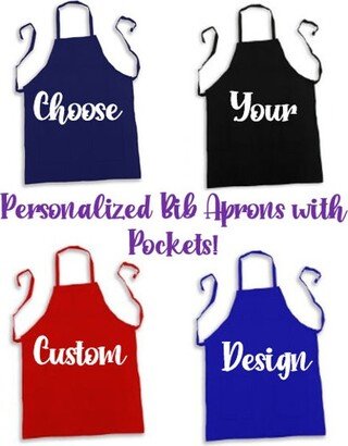 Custom Bib Apron With Pockets, Personalized Full Apron, Server 34L X 30W, 2 Pocket