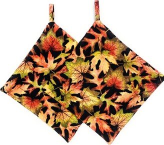 Set Of 2 - Fall Autumn Harvest Yellow Orange Red Brown Black Maple Leaves Square Hot Pot Holders Pad Pan Plate Trivets Made Usa