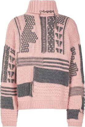 Knit Patchwork Sweater Turtleneck Pink