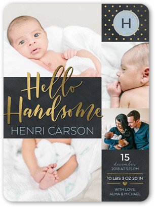 Birth Announcements: Hello Script Boy Birth Announcement, Grey, Matte, Signature Smooth Cardstock, Rounded