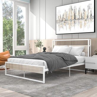 TOSWIN Metal Platform Bed Frame with Wooden Headboard, Sockets, USB Ports - Full