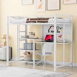 Twin Size Metal Loft Bed with Desk and Whiteboard, 3 Shelves and Ladder