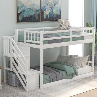 DECO Twin over Twin Floor Bunk Bed, Ladder with Storage, White