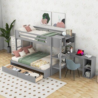 Twin over Full Wood Bunk Bed with L-shaped Desk,Drawers, Shelves