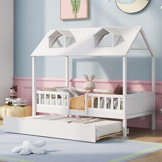 HOMEBAY Twin Size House Bed Wood Bed with Twin Size Trundle