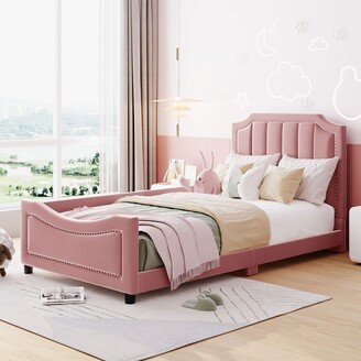 Joliwing Twin Size Kid Platform Bed,Velvet Upholstered With Classic Stripe Shaped Headboard,Pink